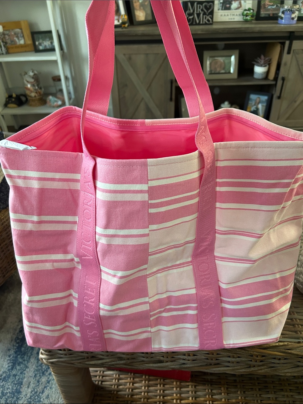 Victoria's Secret Pink and White Striped Canvas Tote